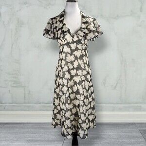 Vintage 70s Backless Halter Midi Dress Size 6 Black Leaf Print Neck Drape